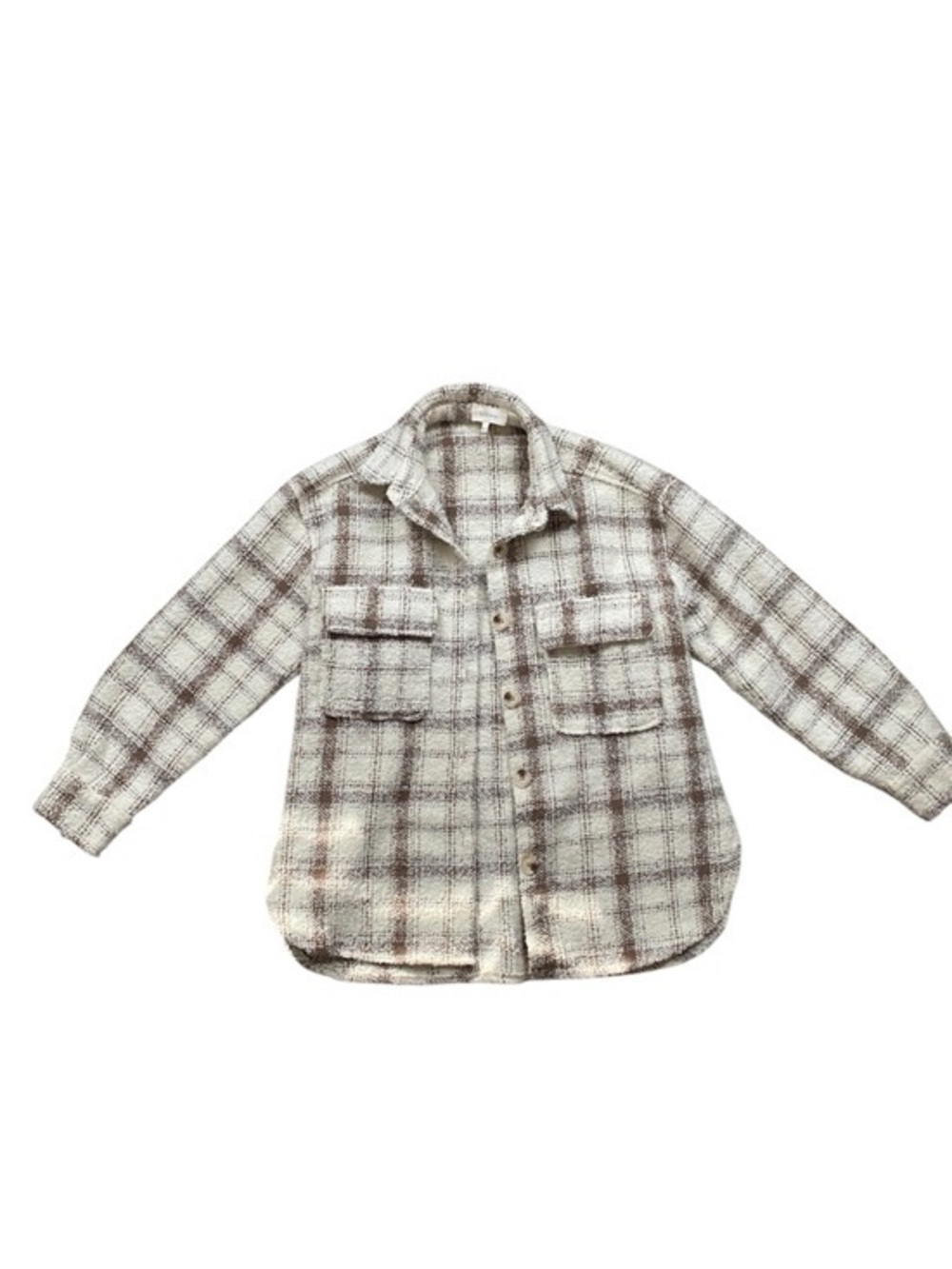 bohme Cream and Brown Plaid Button-Down Shacket